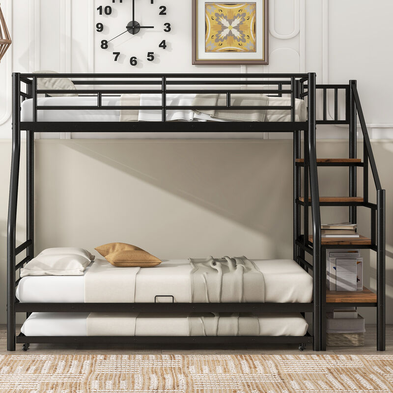 Merax Metal Bunk Bed with Trundle and Storage Staircase