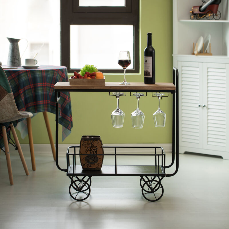 Metal Wine Bar Serving Cart with Rolling Wheels, Glass Holder, and Wine Rack