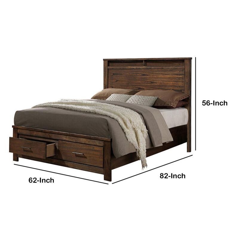 Enchanting Wooden Queen Bed With Display And Storage Drawers, Oak Finish-Benzara