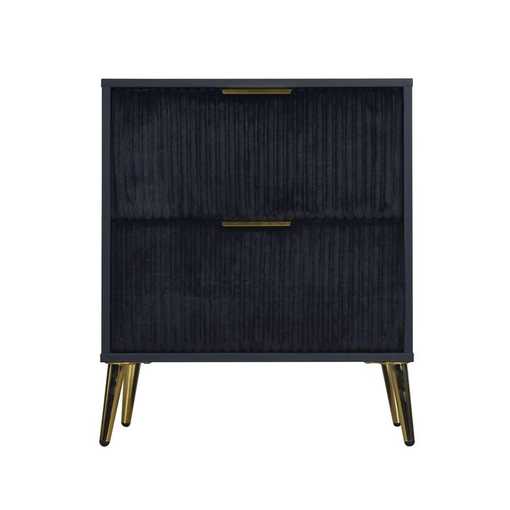 Benjara, Black, Gold Moko 26 Inch Nightstand, 2 Ribbed Soft Upholstered Drawers
