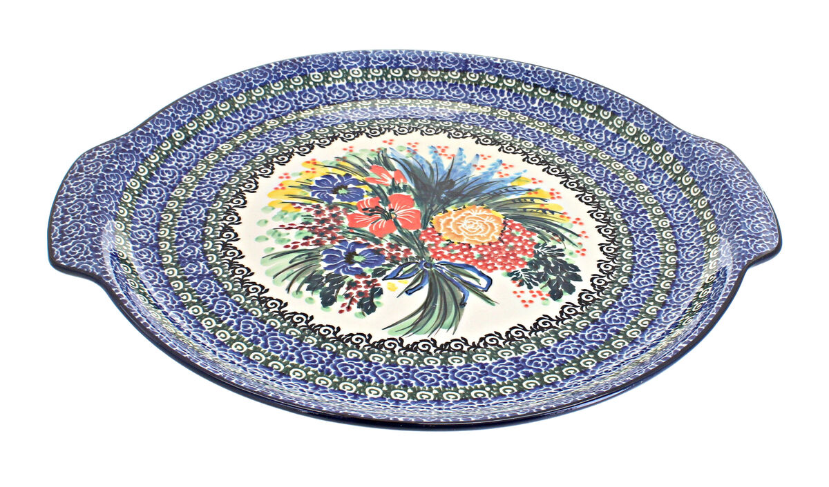 Blue Rose Polish Pottery Peacock Swirl Round Serving Tray with Handles