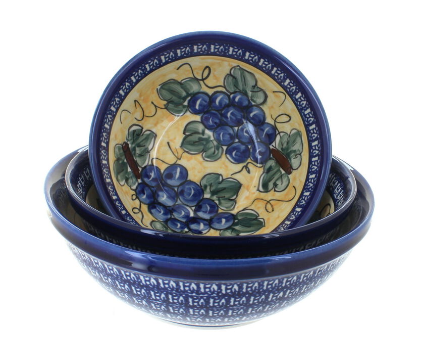 Blue Rose Polish Pottery Porcelain Vine 3 Piece Serving Bowl Set