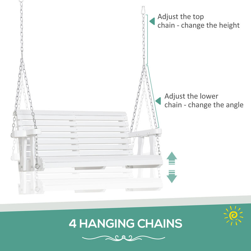 Outsunny Porch Swing with Chains and Cupholders, 2 Person Wooden Patio Swing Chair, 440 lbs. Weight Capacity, for Garden, Poolside, Backyard, White