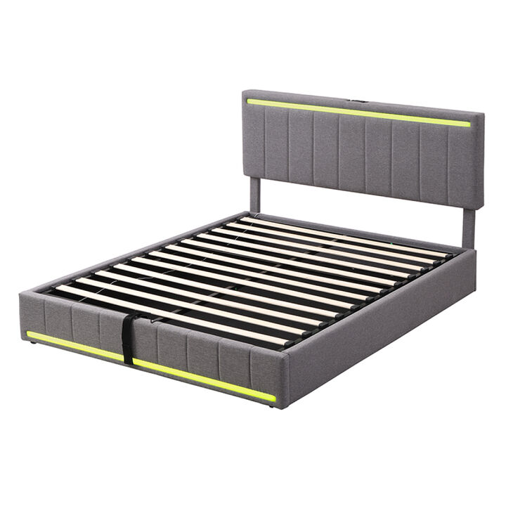 Queen Size Upholstered Platform Bed with Hydraulic Storage System, LED Light, and a set of USB Ports and Sockets, Linen Fabric, Gray