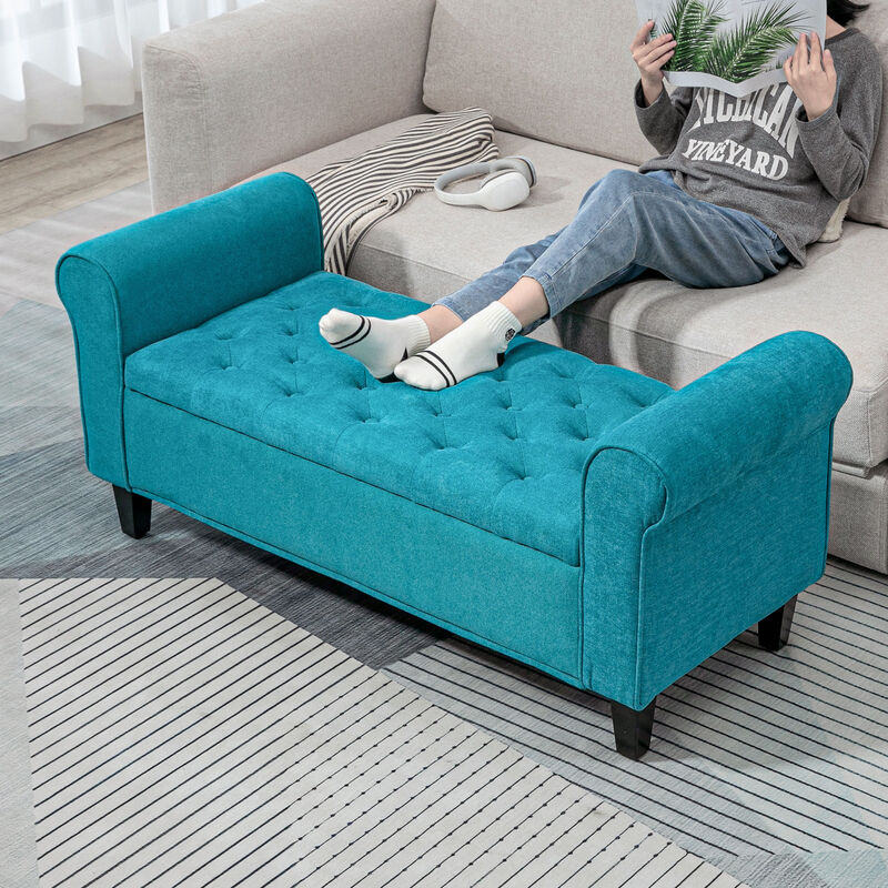 HOMCOM 50" Storage Ottoman Bench, Upholstered End of Bed Bench with Rolled Arms, Wood Legs, Button Tufted Storage Bench with Safety Hinges for Living Room, Entryway, Bedroom, Teal