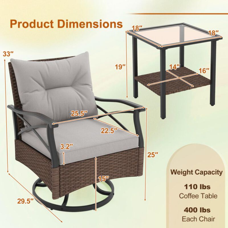 Hivvago 3 Pieces Outdoor Swivel Rocking Chairs Set with 2-Tier Tempered Glass Side Table