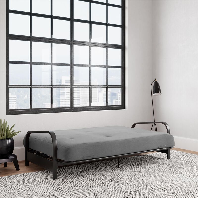 Max Black Metal Arm Full Size Futon Frame with 6” Thermobonded High Density Polyester Fill Gray Futon Mattress