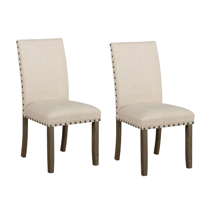 19 Inch Beige Fabric Dining Chair, Set of 2, Rustic Brown, Nailhead Trim - Benzara