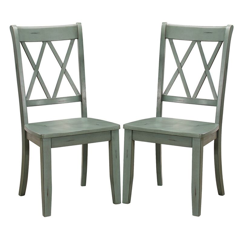 Pine Veneer Side Chair With Double X Cross Back, Teal Blue, Set of 2-Benzara