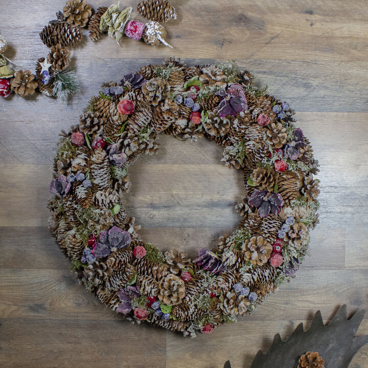 Sugared Purple Flowers and Pine Cones Artificial Christmas Wreath - 20-Inch  Unlit