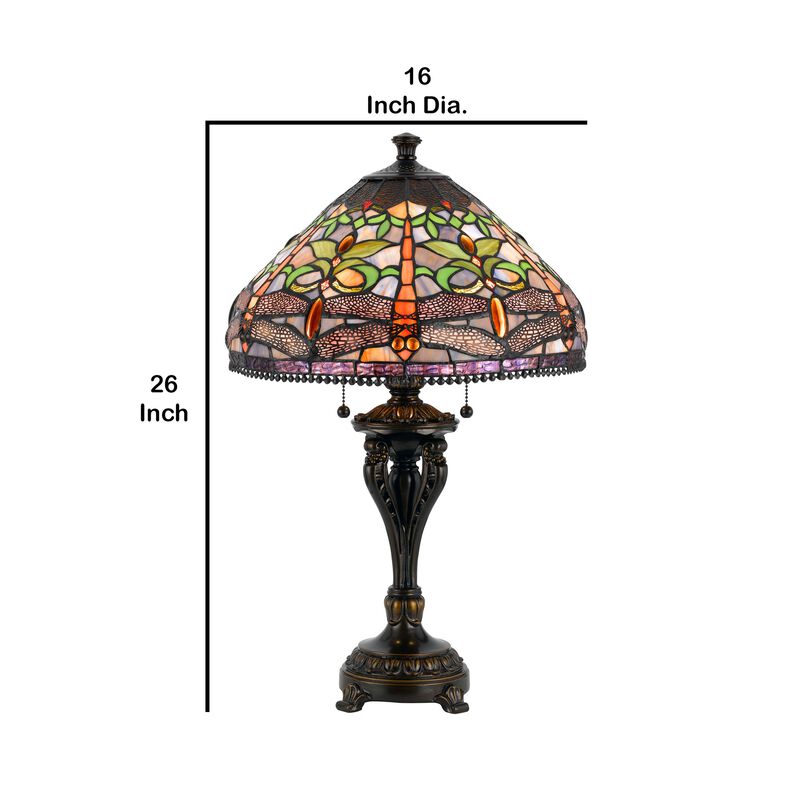 Tiffany Table Lamp with Metal Body and Dragonfly Design Shade, Multicolor-Benzara
