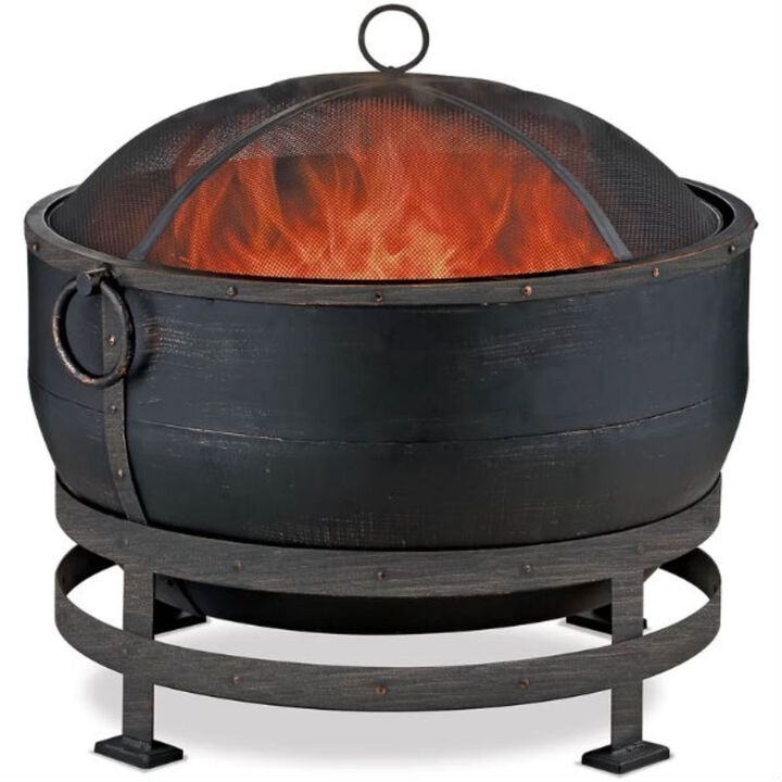 Hivvago Heavy Duty Steel Cauldron Wood Burning Fire Pit with Spark Screen and Stand