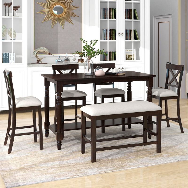 Merax 6-Piece Counter Height Dining Table Set Table with Shelf 4 Chairs and Bench for Dining Room