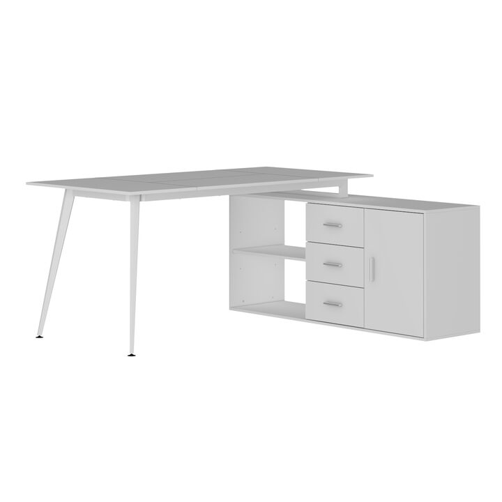 55.1 in. Width L-Shaped White Wooden 3-Drawer Writing Desk, Computer Desk with 2 Open Shelves & 1 Hutch