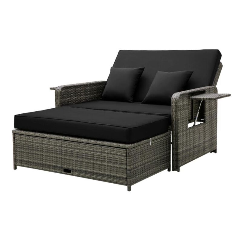 Hivvago Patio Wicker Loveseat Sofa with Multipurpose Ottoman and Retractable Side Tray