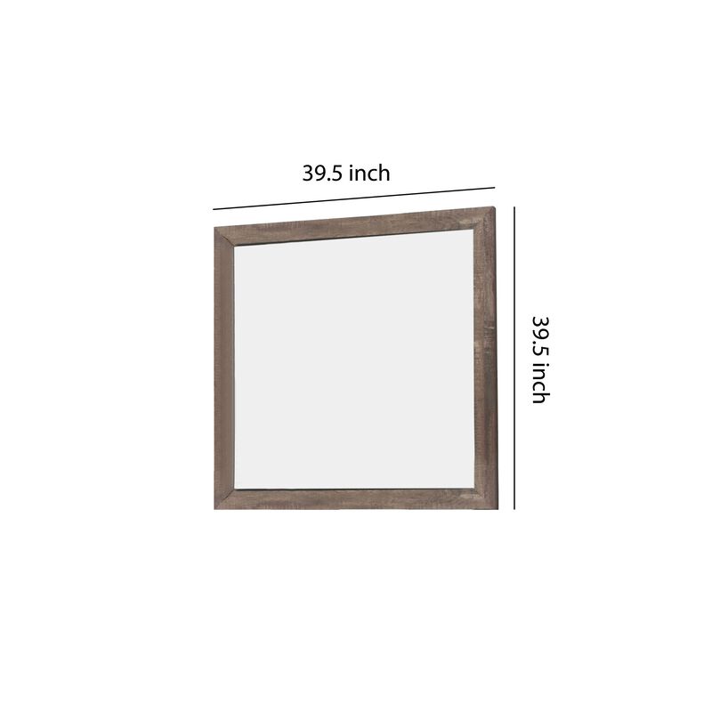 Transitional Square Shape Wooden Frame Mirror with Textured Details, Brown-Benzara