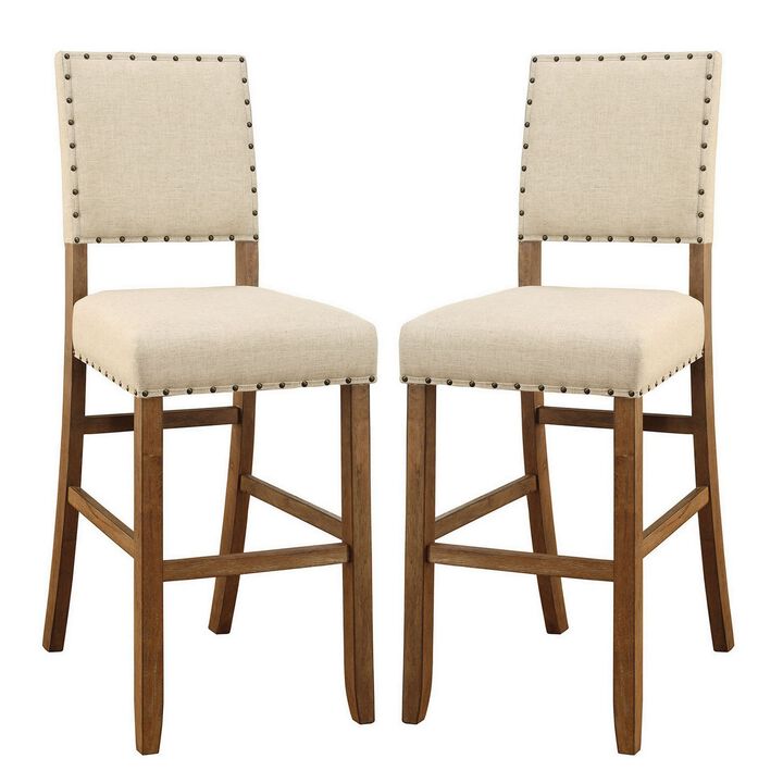 Counter Height Chair, Beige Fabric, Nailhead Trim, Set of 2, Brown Wood Legs-Benzara