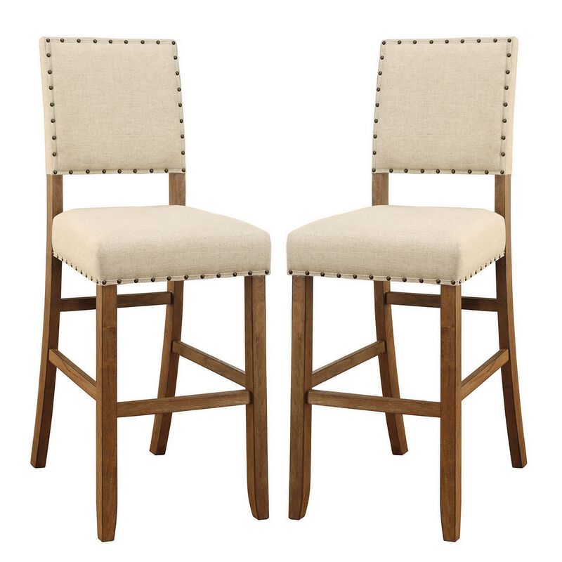 Counter Height Chair, Beige Fabric, Nailhead Trim, Set of 2, Brown Wood Legs-Benzara