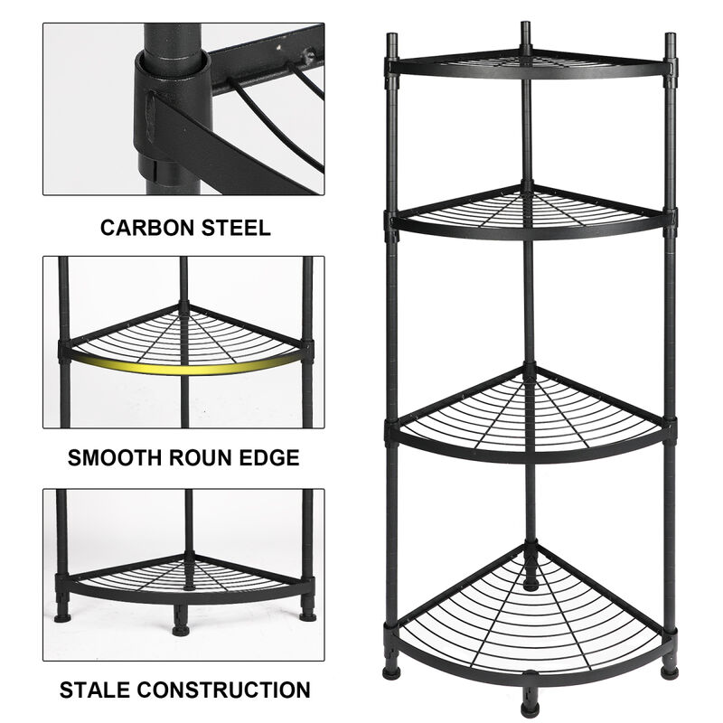 4 Tier Corner Display Rack Multipurpose Metal Shelving Unit, Bookcase Storage Rack Plant Stand for Living Room, Home Office, Kitchen, Small Space, 1-Pack, Black