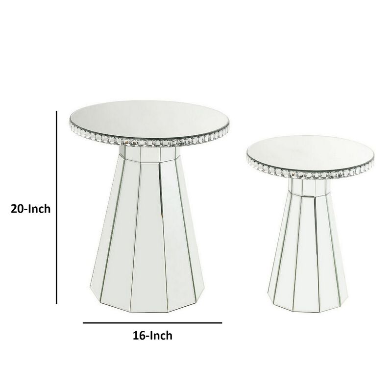 Accent Table with Beveled Mirror Framing and Faux Crystals, Silver-Benzara