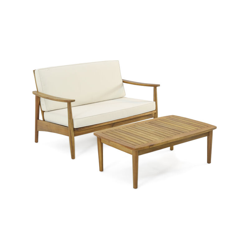 Merax Outdoor Patio Wood Loveseat with Coffee Table Set