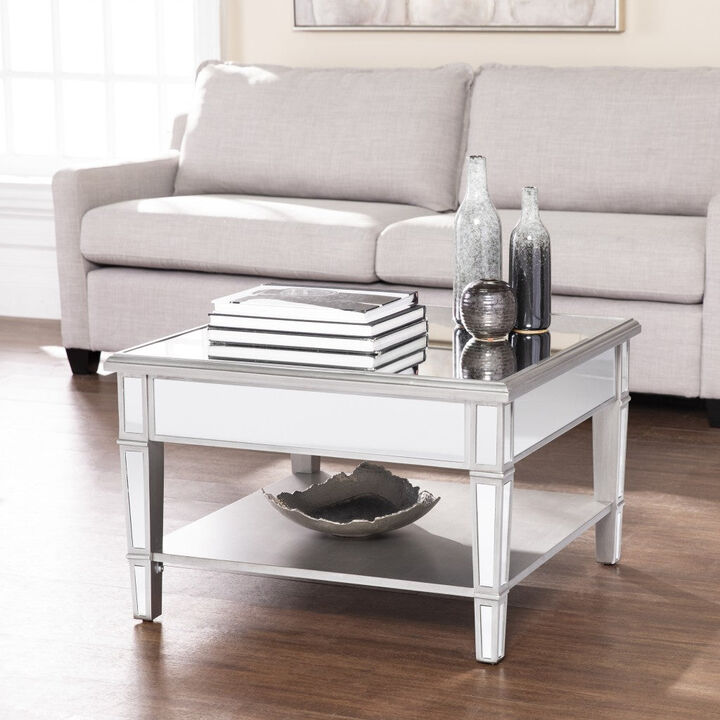 Homezia 29" Silver Mirrored Glass Square Coffee Table