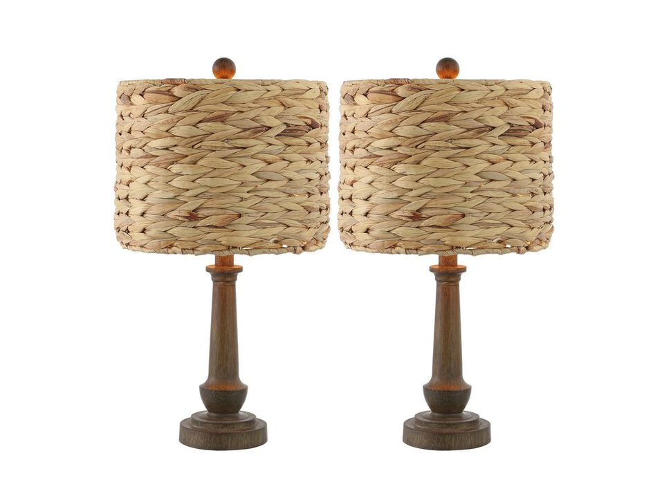 Leona 21.25" Rustic Farmhouse Handwoven Rattan/Resin LED Table Lamp, Brown Wood Finish (Set of 2)
