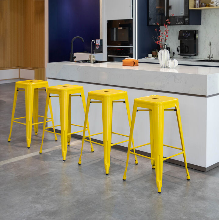 4-pcs 30-inch Backless Metal Bar Stool Stackable Heavy-Duty Counter-Height Chair for Home Bars Patios Kitchen Islands Cafes Restaurants Bistros and Dining Areas for Indoor & Outdoor, Yellow