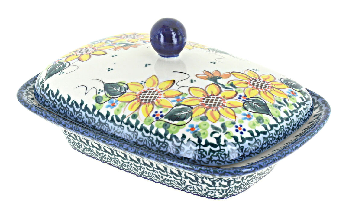 Blue Rose Polish Pottery Cherished Blooms Butter Tub