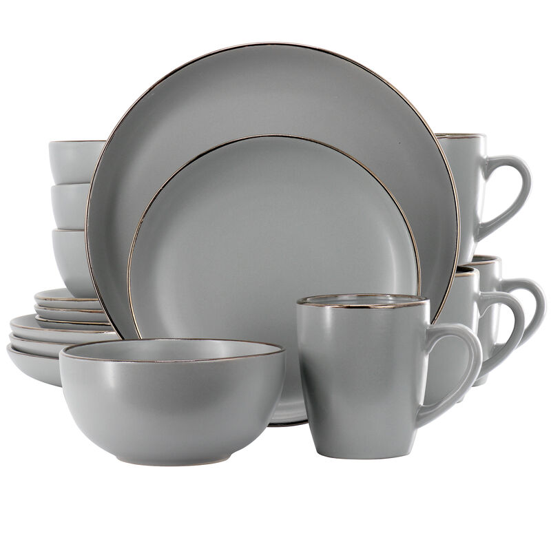 Gibson Home Rockaway 16 Piece Stoneware Gold Rimmed Dinnerware Set in Grey