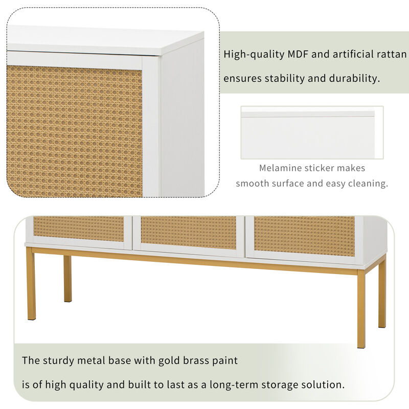 Large Storage Space Sideboard with Artificial Rattan Door and Rebound Device for Living Room and Entryway (White)