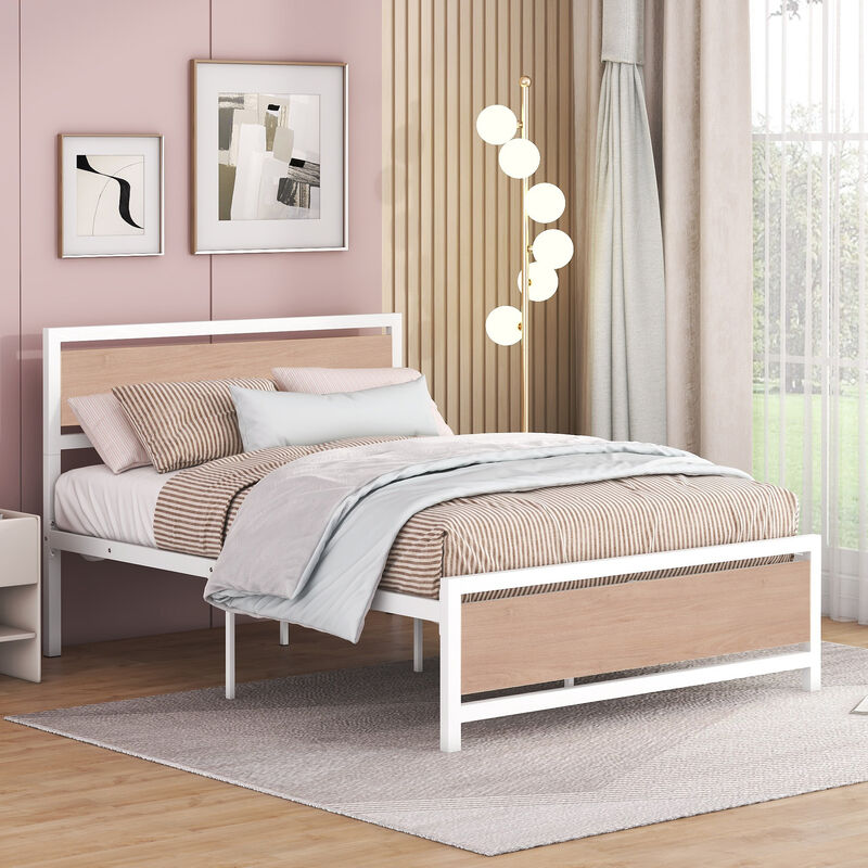 Full Size Platform Bed, Metal and Wood Bed Frame with Headboard and Footboard, White