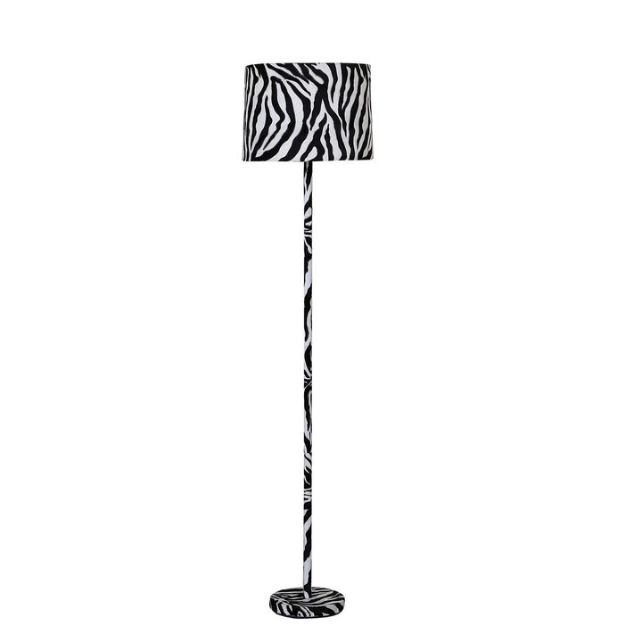 Fabric Wrapped Floor Lamp with Animal Print, White and Black-Benzara