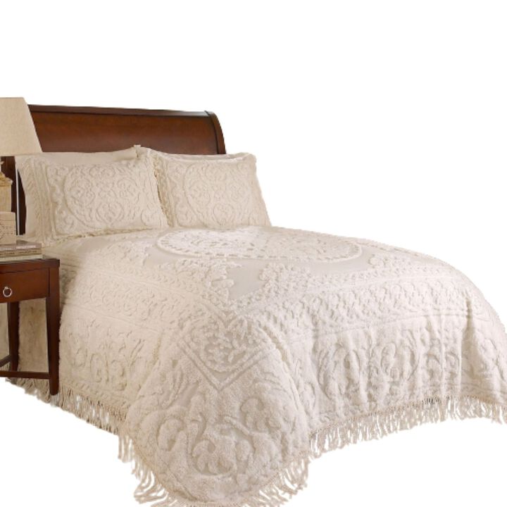 QuikFurn King size 100% Cotton Chenille Bedspread in Ivory with 2 Standard size Pillow Shams