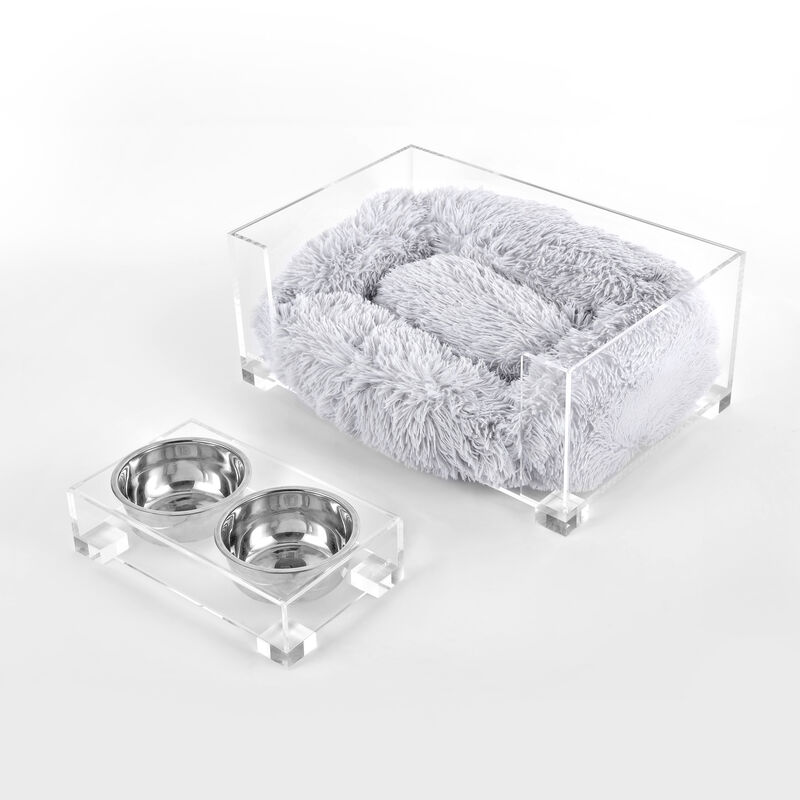 Billie Small Modern Lucite Calming Fluffy Pet Bed with Washable Cushion and 4" Elevated Pet Feeder with 27 oz 2-Stainless Steel Bowls (Set of 2)