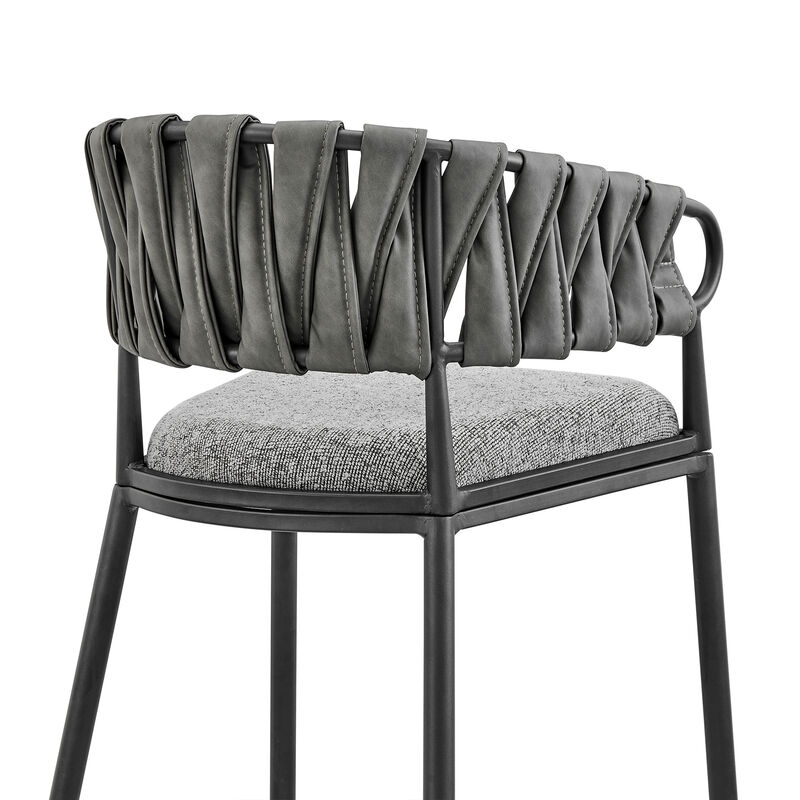 Vigona Stool in Black Metal with Grey Fabric and Faux Leather