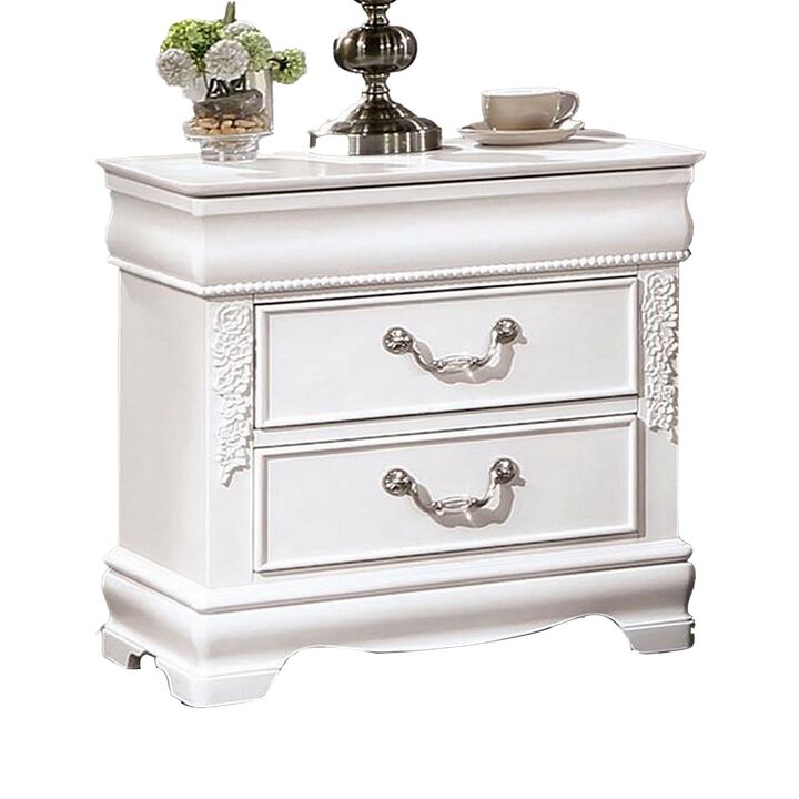 Benjara Aleci 24 Inch Nightstand, 2 Drawers, Carved Details, Solid Wood, White and Nickel