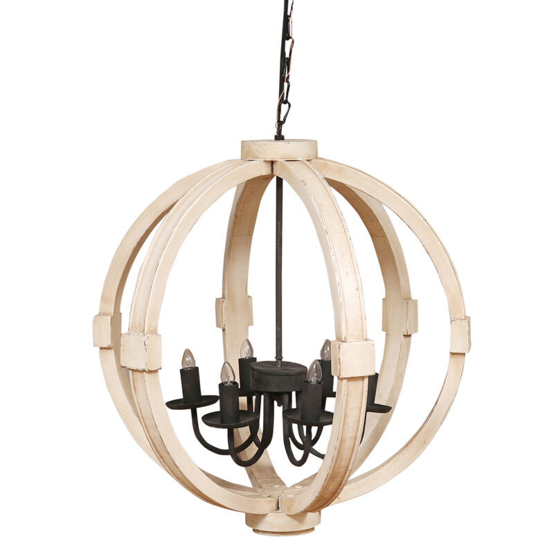 26 Inch 6 Light Vintage Orb Chandelier, Mango Wood Frame, Distressed White-Benzara