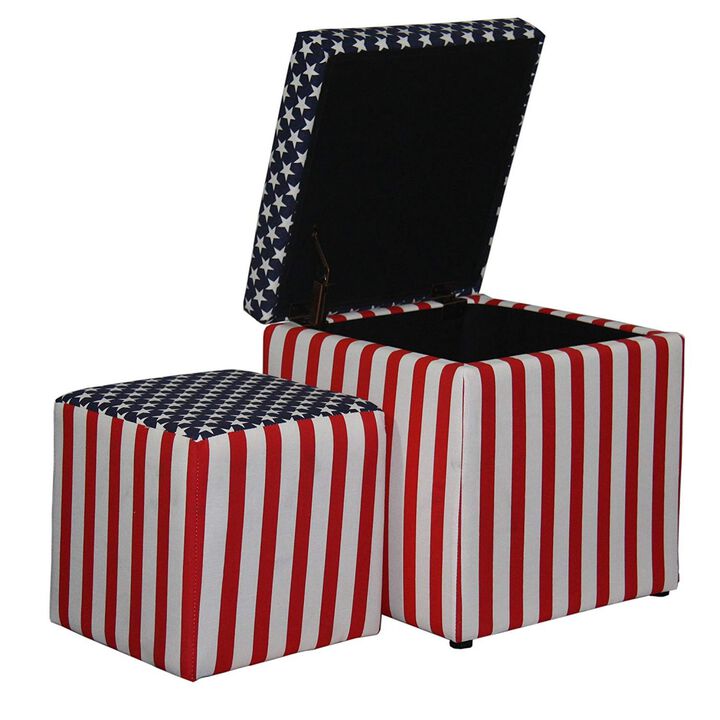 Patriotic Print Square Storage Ottoman with 1 Extra Seating, Multicolor - Benzara