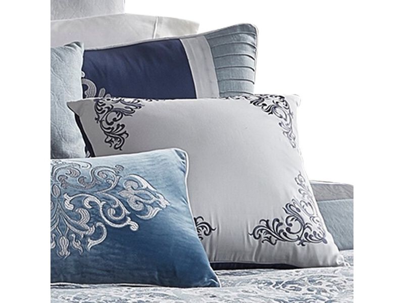 10 Piece King Polyester Comforter Set with Damask Prints, Blue and Gray - Benzara