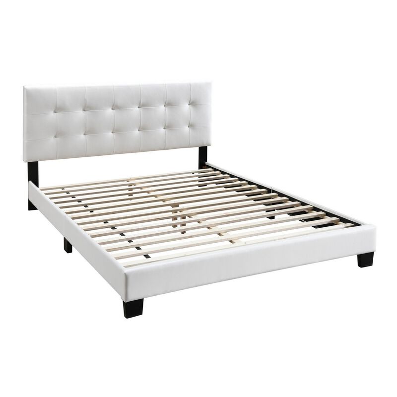 Queen Leatherette Bed with Checkered Tufted Headboard, White-Benzara