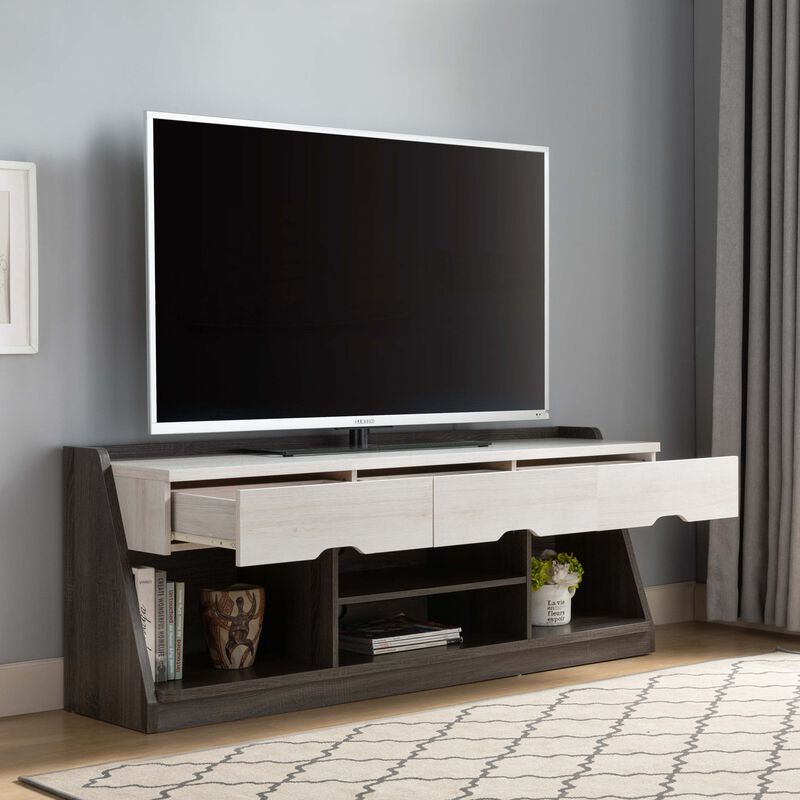Homezia 62" White Oak & Distressed Grey Particle Board Cabinetenclosed Storage Tv Stand