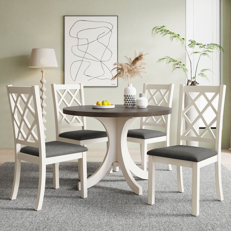 Mid-Century Solid Wood 5-Piece Round Dining Table Set