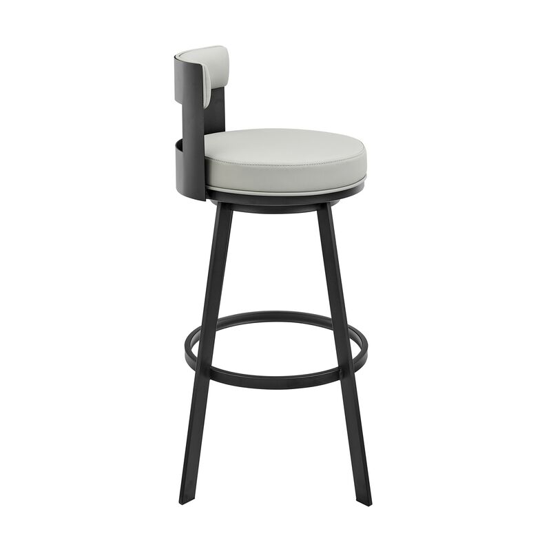 Ami 30 Inch Swivel Barstool Chair, Gray Faux Leather, Black Iron Frame - Benzara