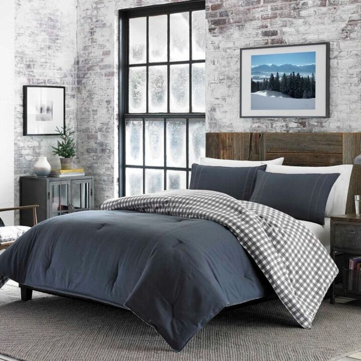 Hivvago King size 100% Cotton Reverse Plaid Gray/White Comforter Set