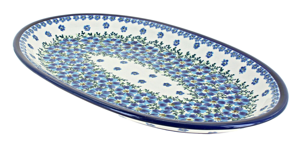 Blue Rose Polish Pottery Flowering Peacock Oval Platter