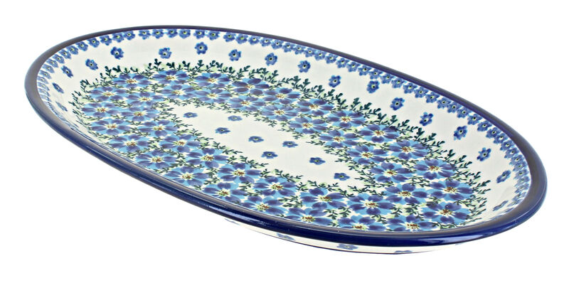 Blue Rose Polish Pottery Flowering Peacock Oval Platter