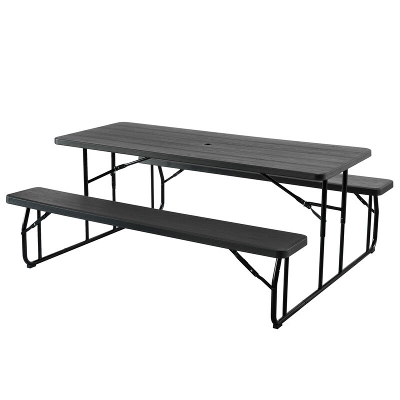 Outdoor Foldable Woodgrain Picnic Table Set with Metal Frame 6 Ft. Black