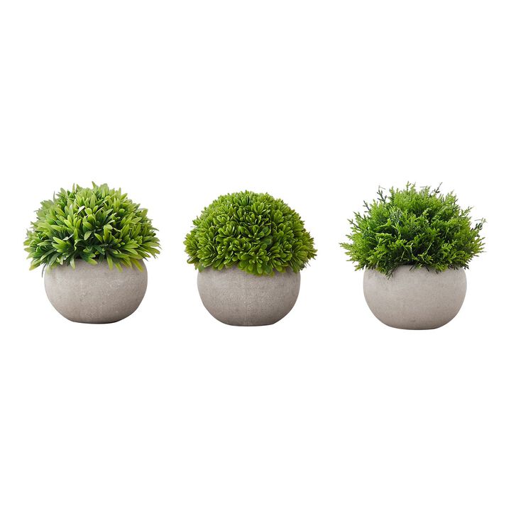 Monarch Specialties I 9589 -Artificial Plant, 5" Tall, Grass, Indoor, Faux, Fake, Table, Greenery, Potted, Set Of 3, Decorative, Green Plants, Grey Pots