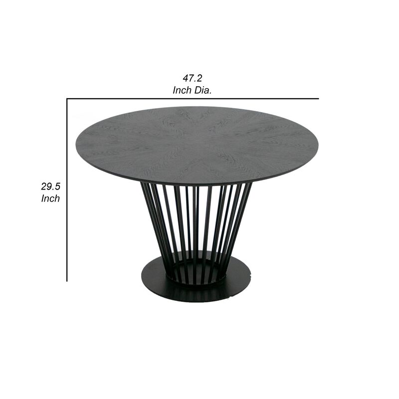 47 Inch Dining Table, Round Top, Modern Black Iron Metal Pedestal Base - Benzara